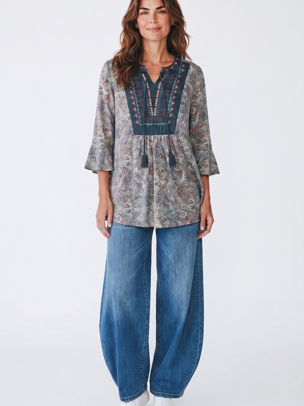 ONE WORLD Paisley Embroidered Tunic in Teal and Gray